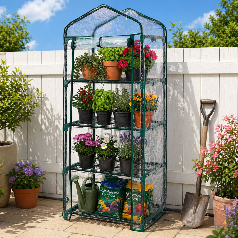 Neo 4 Shelf Green Galvanised Steel and PVC 2.3 x 1.6ft Mini Greenhouse Image 4