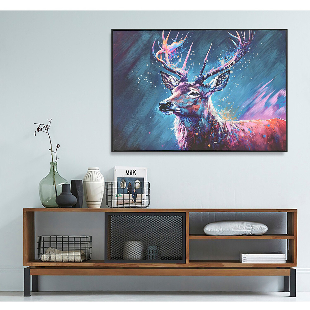 Hand Painted Midnight Stag Framed Canvas - Blue Image 2