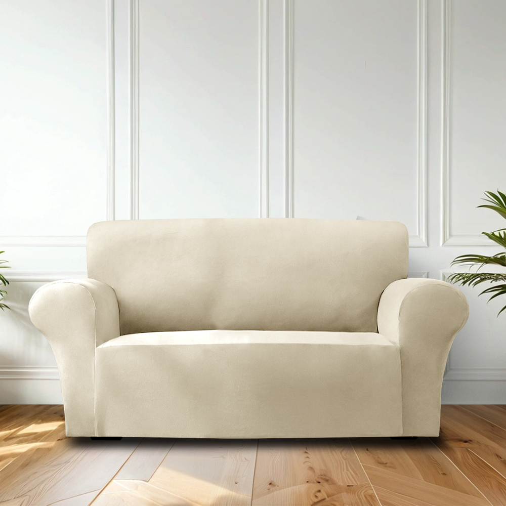 Homerepublic 2 Seater Beige Mink Velvet Stretch Fit Sofa Cover Image 2