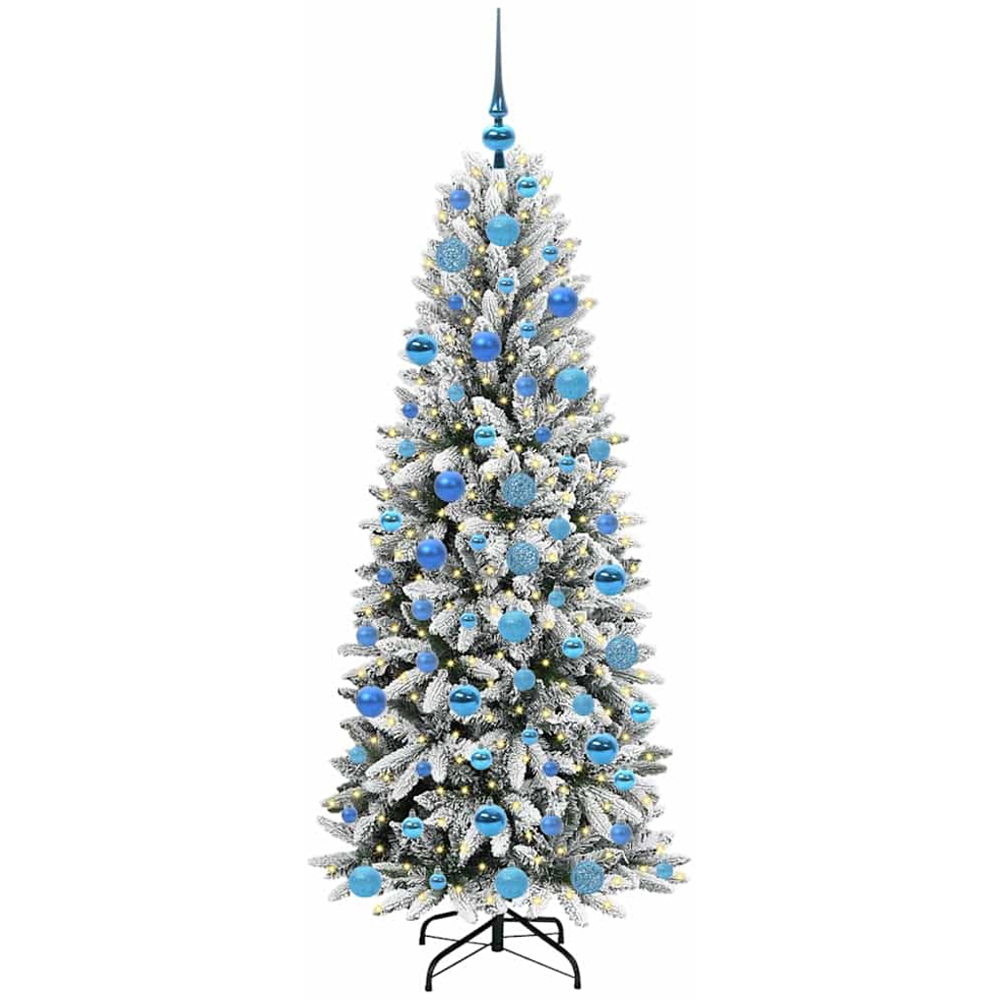 vidaXL Pre-Lit Blue Baubles Artificial Snow Flocked Christmas Tree 6ft Image 1