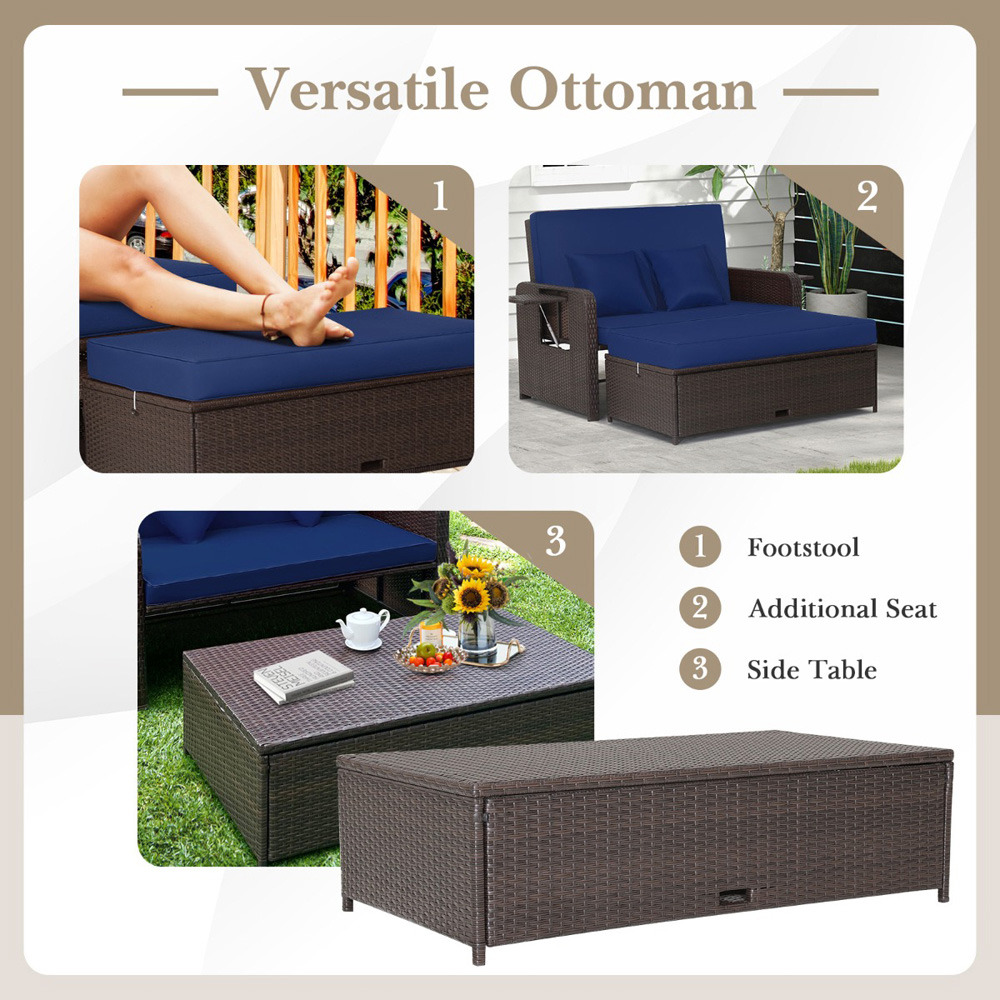 Costway 2 Seater Ratan Wicker Blue Loveseat Sofa with Ottoman and Side Tray Image 6