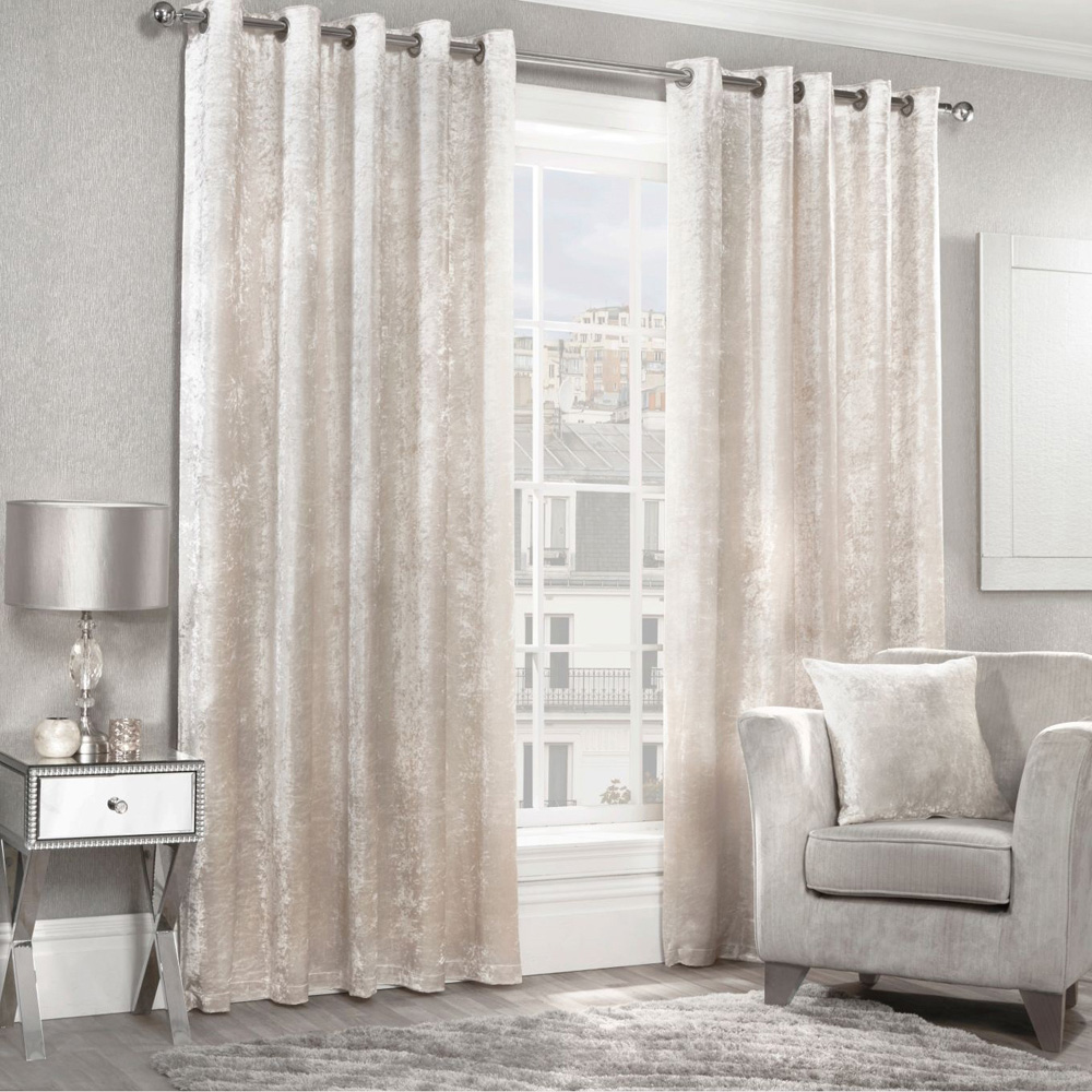 Alan Symonds Cream Crushed Velvet Ring Top Eyelet Curtains 168 x 137cm Image 2