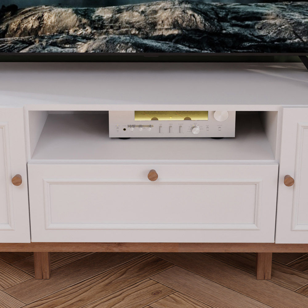 Florence Wensley 2 Door Single Drawer Single Shelf Light Grey and Oak TV Unit with LED Lighting Image 6