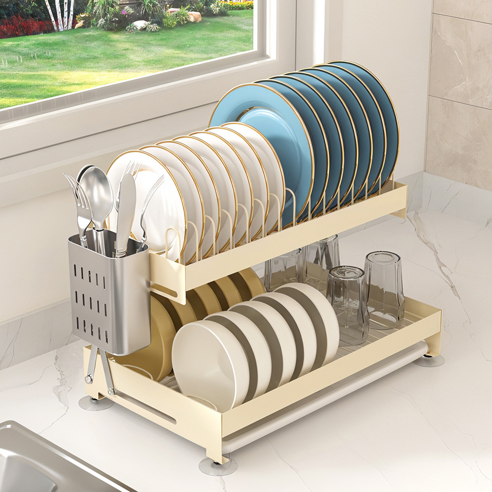 Living and Home 2 Tier Cream Carbon Steel Dish Drainer with Secure Plate Slot Image 7