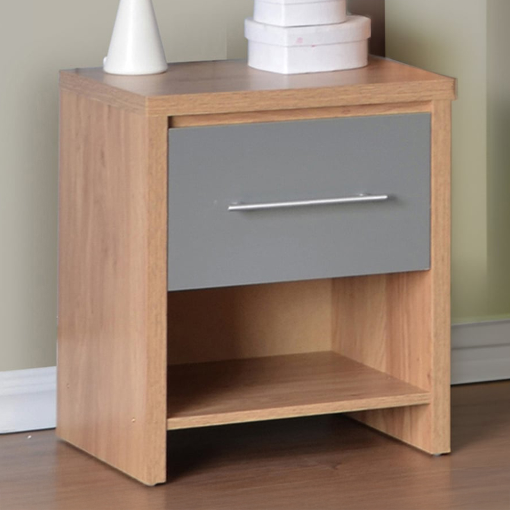 Seconique Seville Single Drawer Grey Gloss Light Oak Veneer Bedside Table Image 1