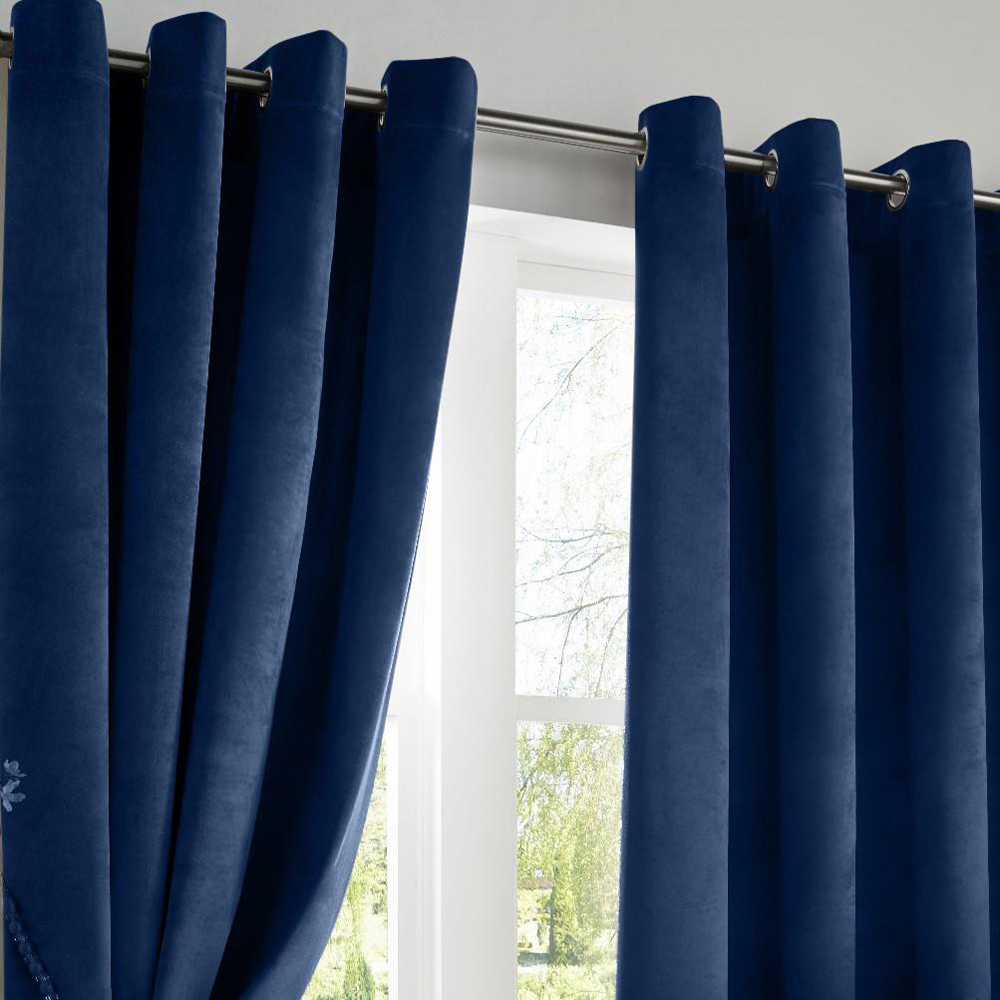 Alan Symonds Blue Velvet Blackout Ring Top Eyelet Curtains 229 x 229cm Image 2