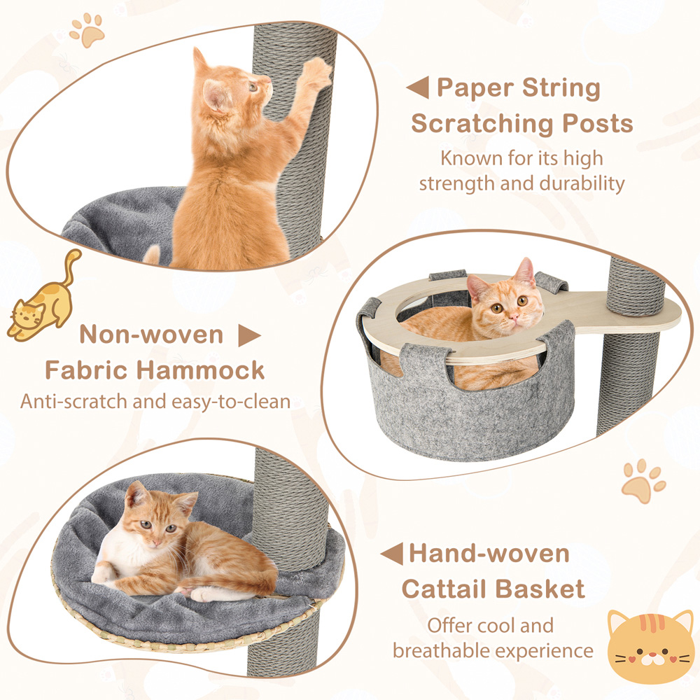 Costway Natural and Grey Adjustable Floor to Ceiling Cat Tree Image 4