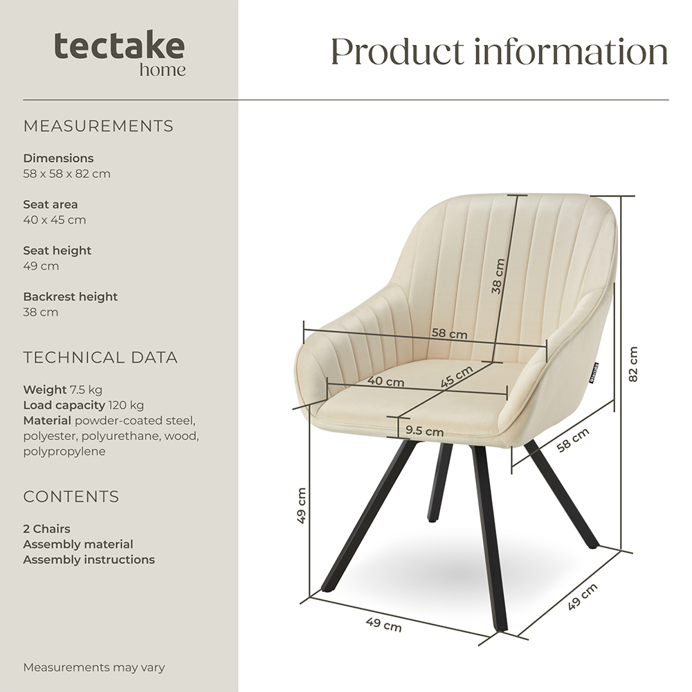 tectake Set of 2 Cream Velvet Fabric Armchair Image 9