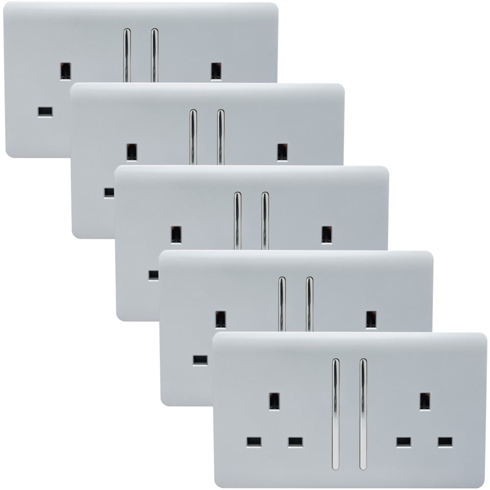 Trendi Switch 2 Gang Long Switch Platinum Silver Plug Socket 5 Pack Image 1