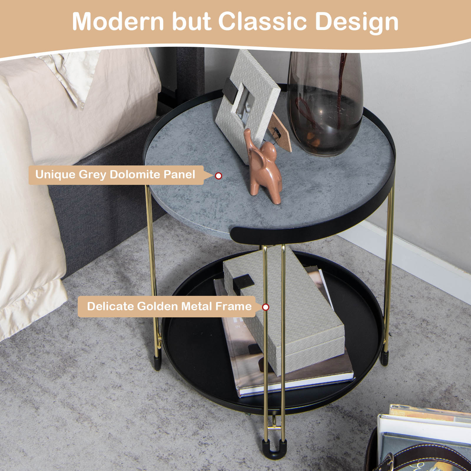 Costway Single Shelf Faux Marble Side Table with Removable Tray Image 5