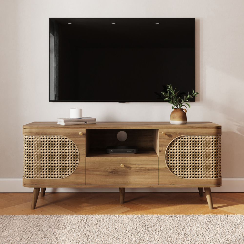 GFW Sorrel 2 Door Single Drawer Single Shelf Oak Rattan TV Unit Image 8
