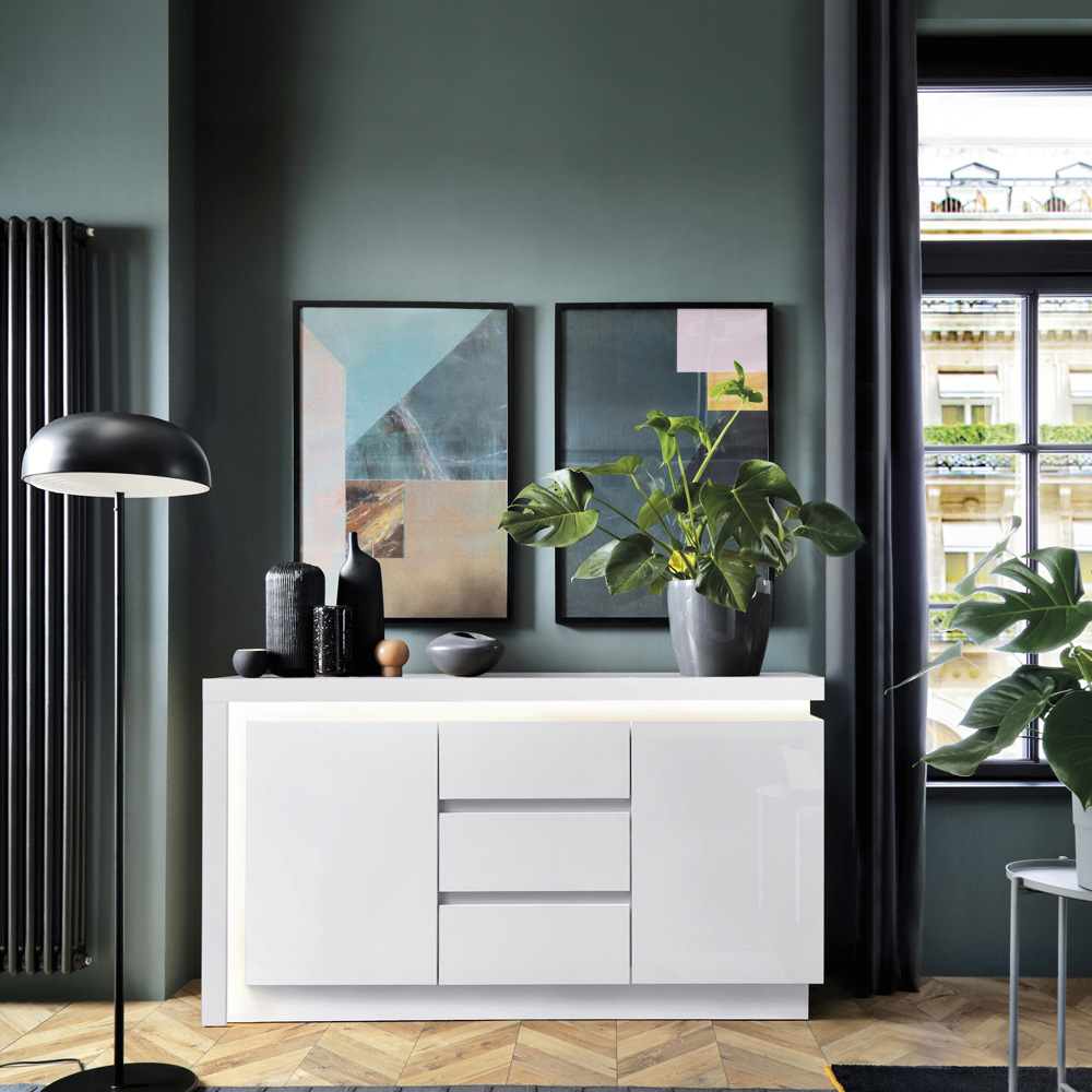 Lyon 2 Door 3 Drawer White High Gloss LED Sideboard Image 4