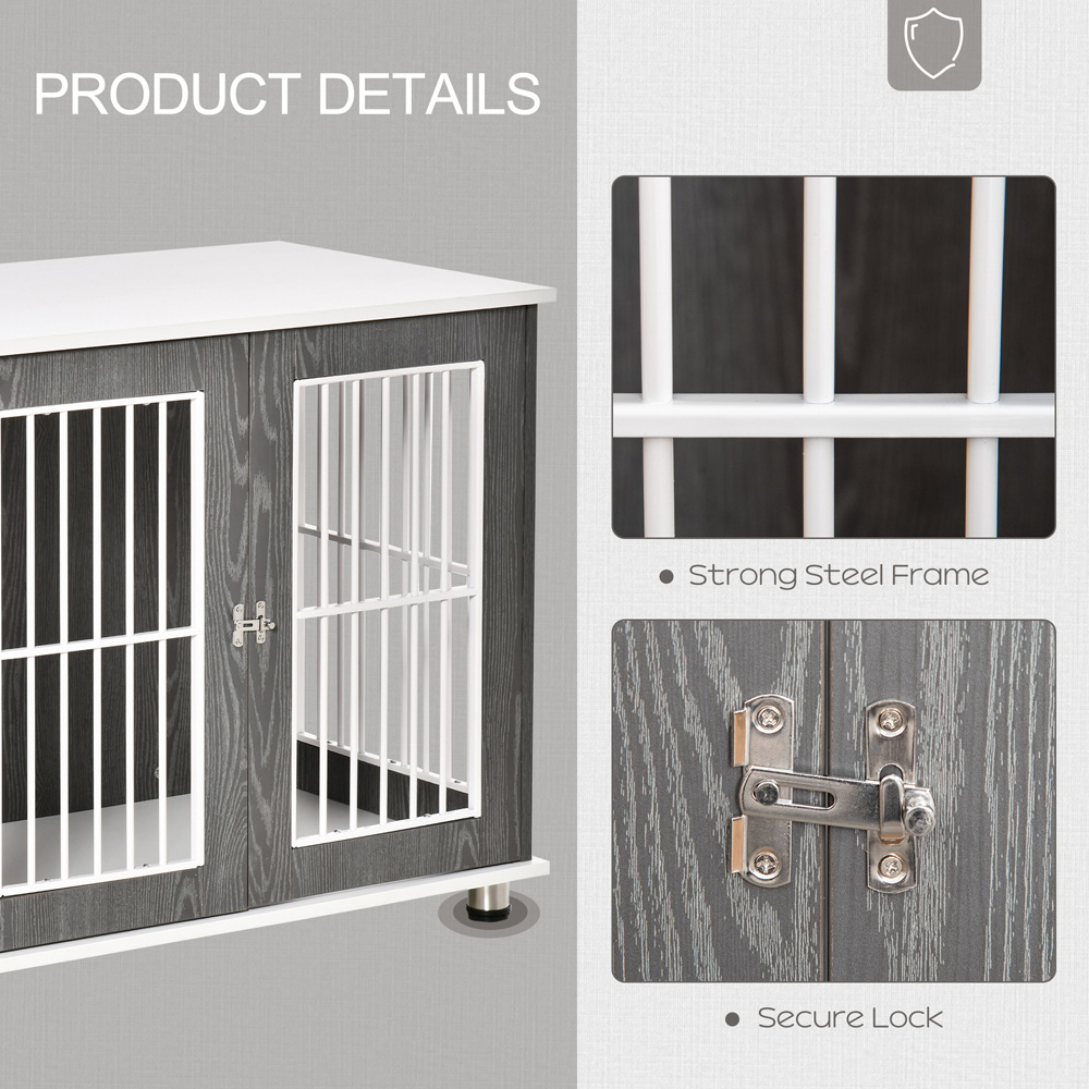 PawHut Grey and White Dog Cage Side Table with Lockable Door Image 2