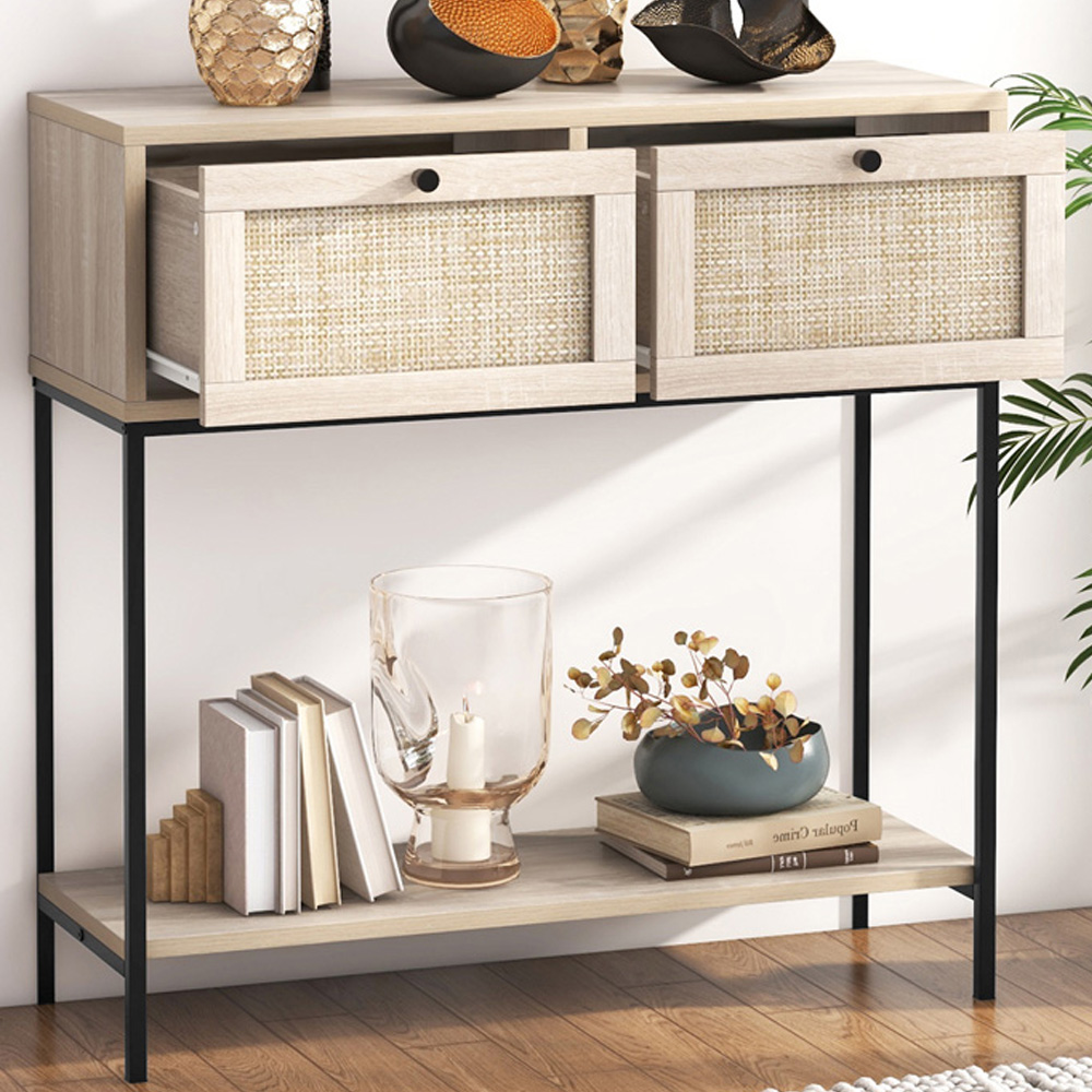 Table Console Demi-Lune SAYGOER - 2 Niveaux Avec Rangement - 92x30x80cm - Gris