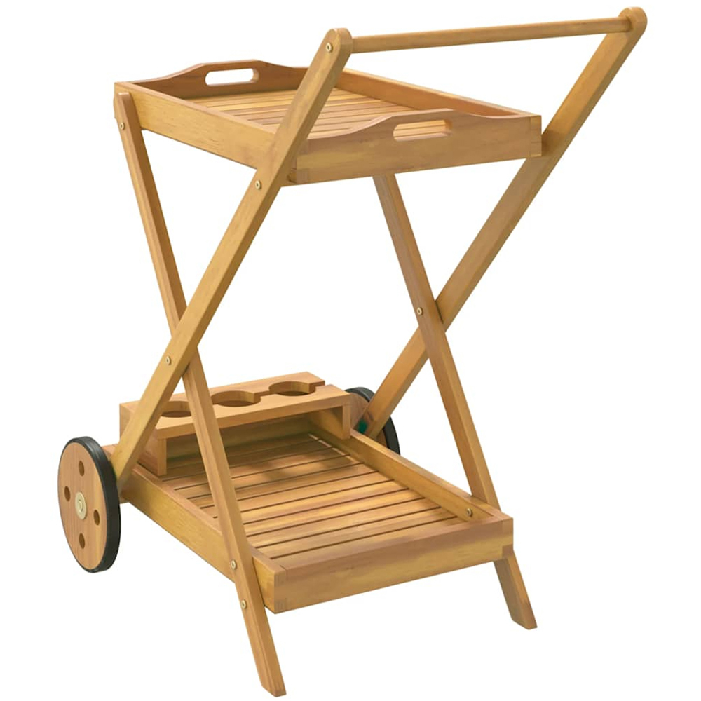 vidaXL 2 Shelf Brown Solid Acacia Wood Tea Trolley with Bottle Holder Image 6