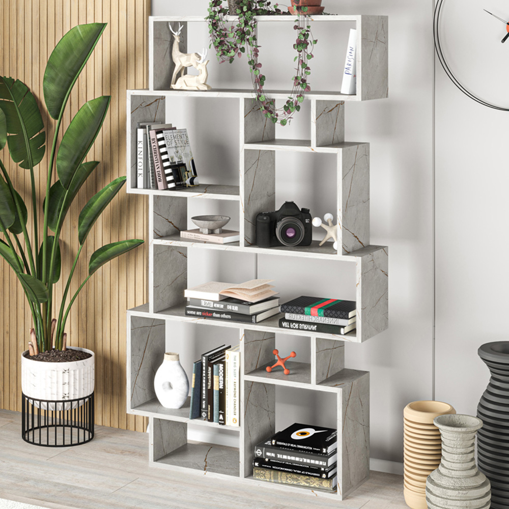 Decortie Karmato 10 Shelf Gold Marble Effect Asymmetric Tall Freestanding Bookcase Image 1