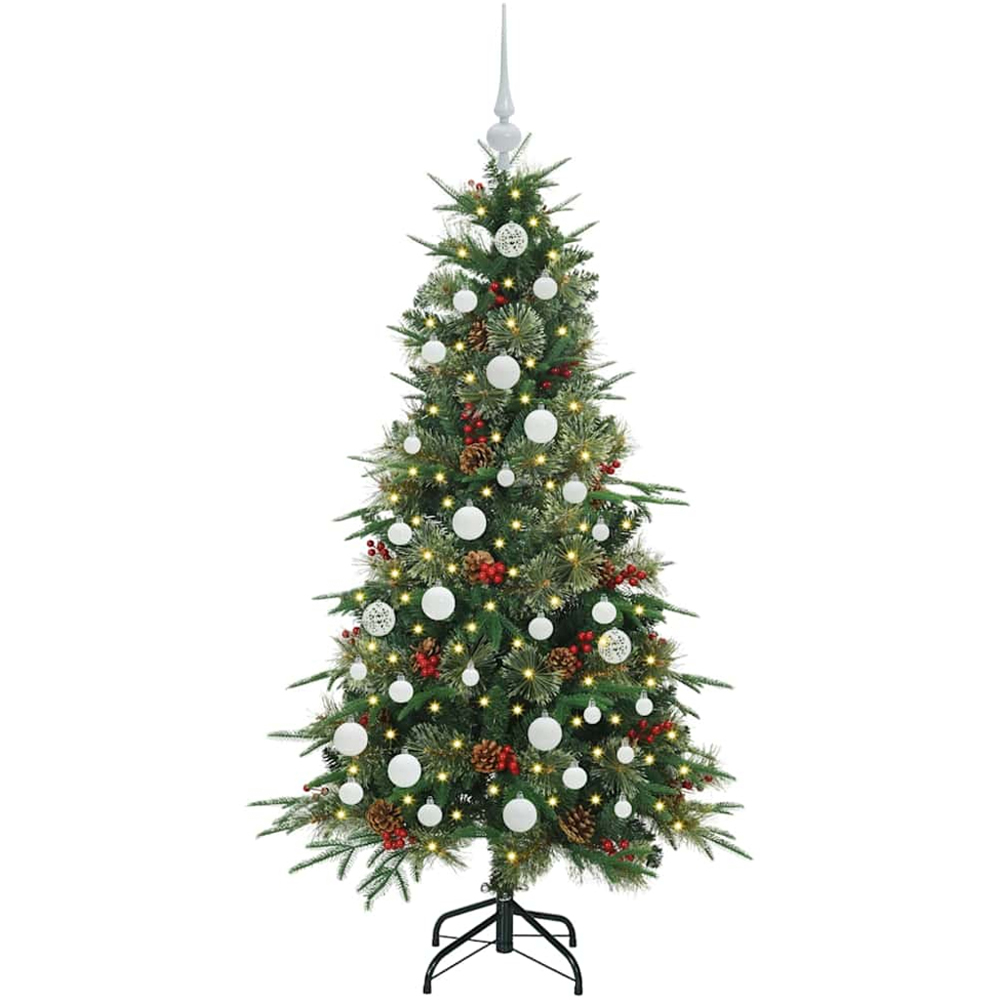 vidaXL Pre-Lit White Baubles Green Artificial Hinged Christmas Tree 5ft Image 1