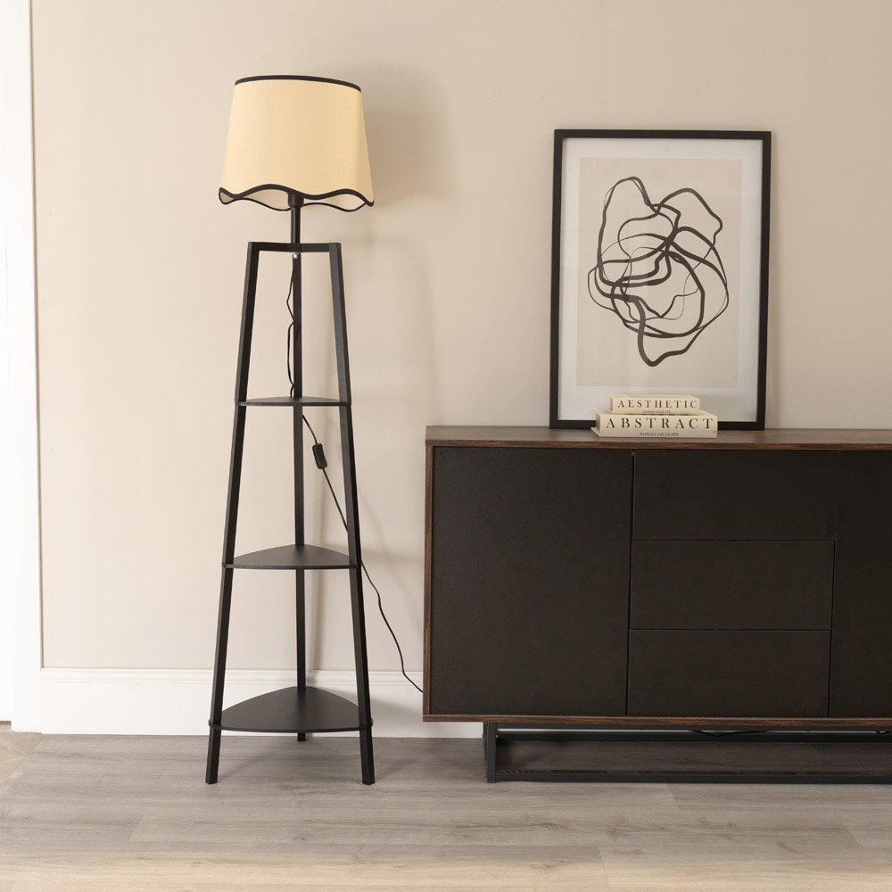 ValueLights Hiru Black 3 Shelf Black Trim Scallop Shade Floor Lamp with Bulb Image 3
