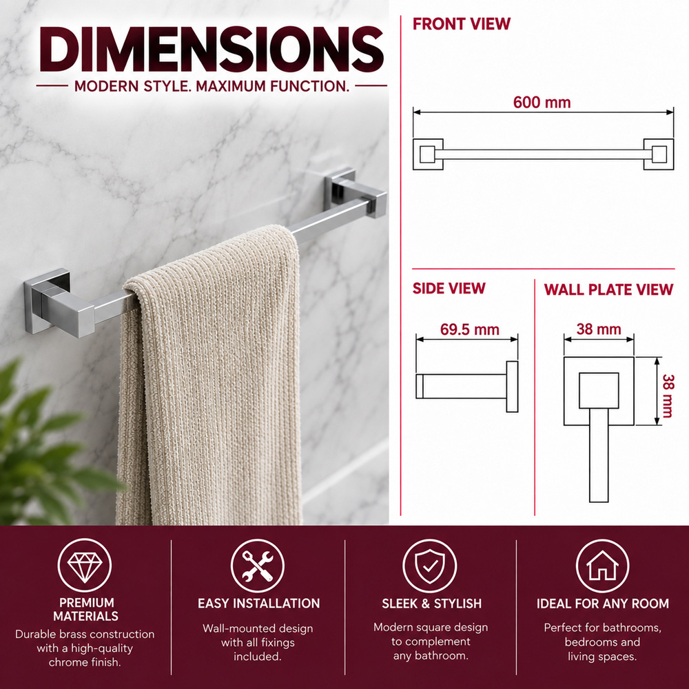 Go Bathrooms Froma Chrome Wall Mounted Towel Rail 600mm Image 4