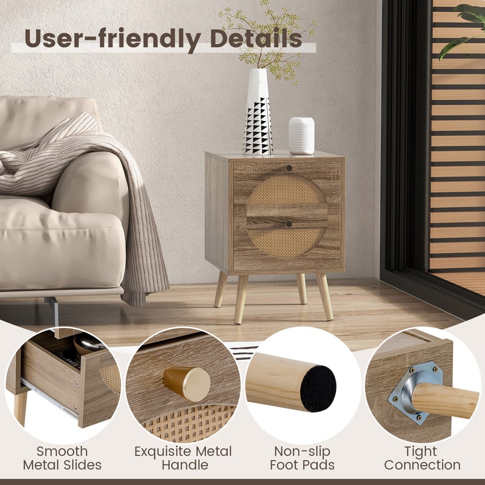 Costway Natural 2 Drawer Bohemian Style Rattan Bedside Table Set of 2 Image 7