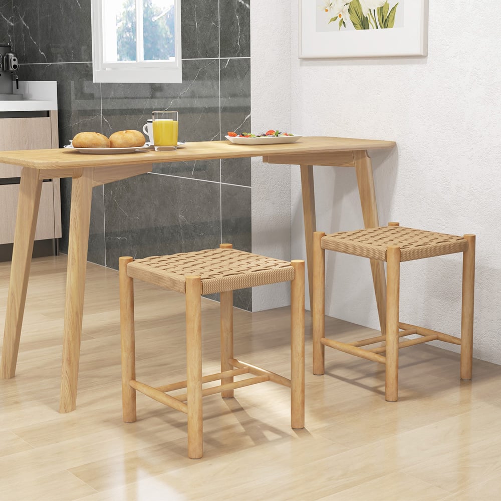 Costway Woven Paper Rubber Wood Frame Dining Stool Set of 2 Image 3