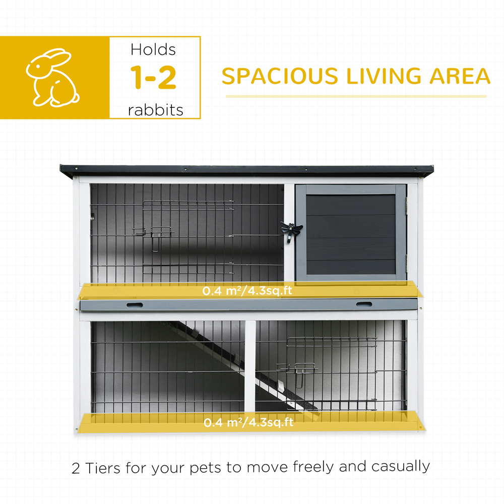 PawHut Grey 2 Tier Wooden Rabbit Hutch with Openable roof Image 3