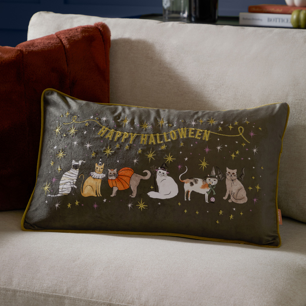 Furn Halloween Pawty Grey and Gold Embroidered Velvet Cushion 30 x 50cm Image 2