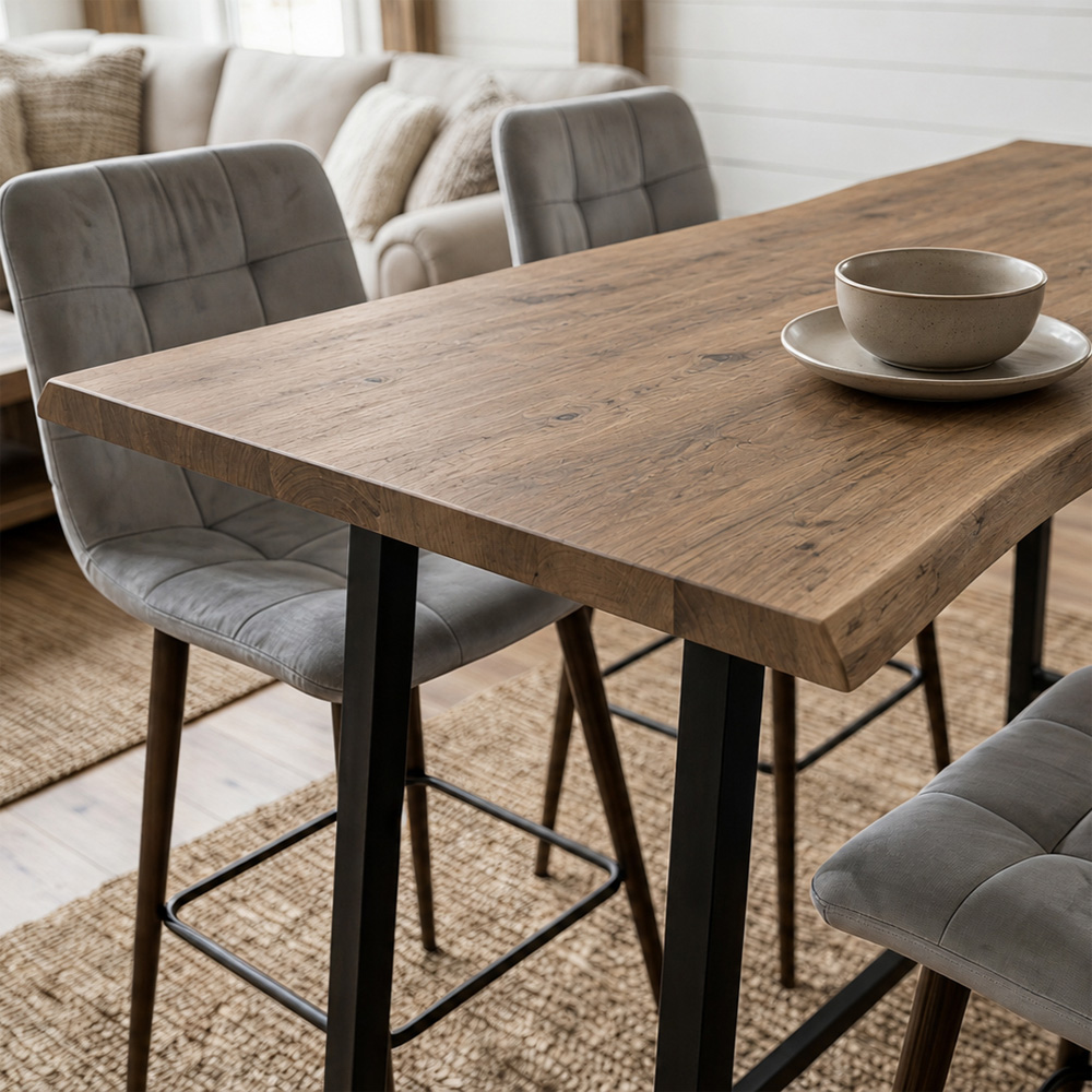 Kosy Koala 4 Seater Grey Velvet Wood Effect Top Bar Table and Stool Set Image 2