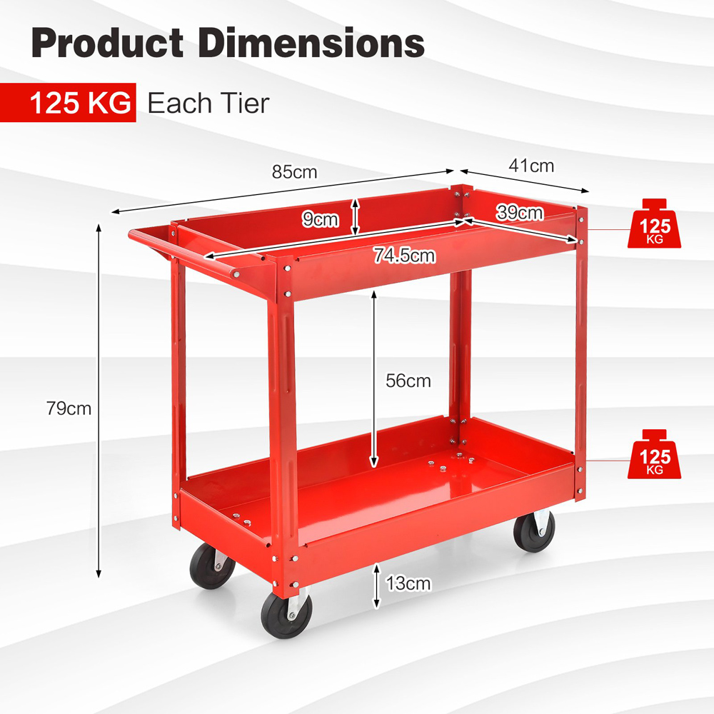 Costway 2 Shelf Red Tool Trolley with Wheels Image 8