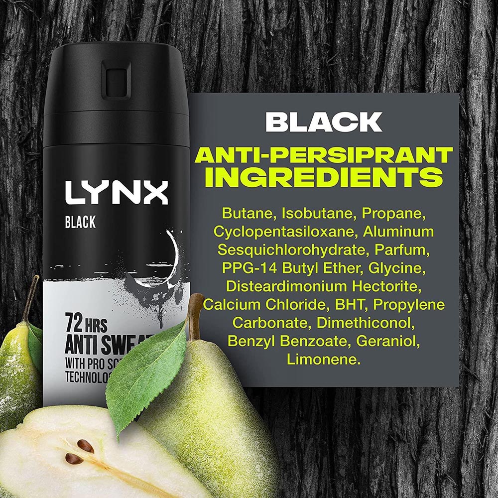 Lynx Black Frozen Pear and Cedarwood 72H Protection Anti-Perspirant Deodorant Spray 150ml 6 Pack Image 8