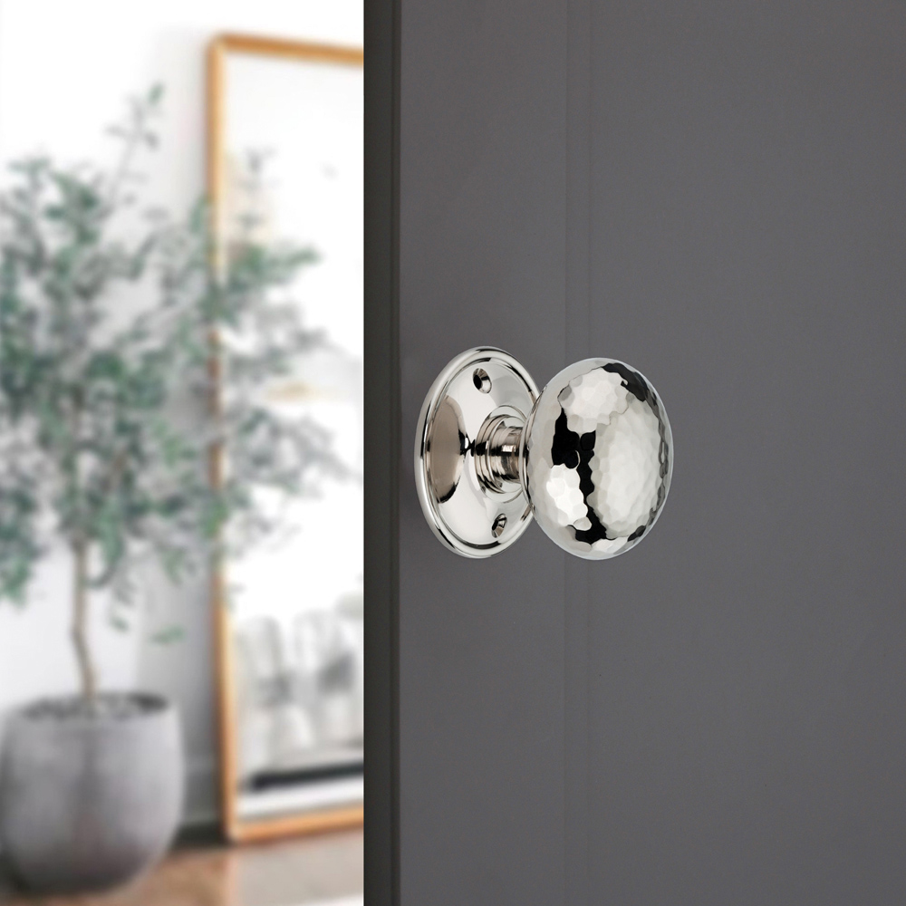 Spira Brass Polished Nickel Hammered Cottage Large Rim and Mortice Door Knob 2 Pack Image 2