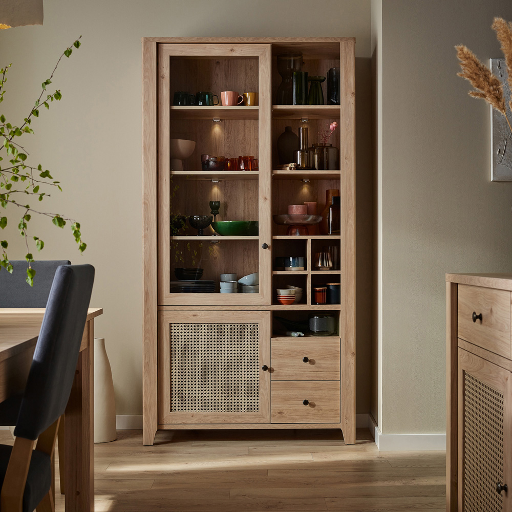 Florence Cestino 2 Door 2 Drawer Oak and Rattan Display Cabinet Image 5