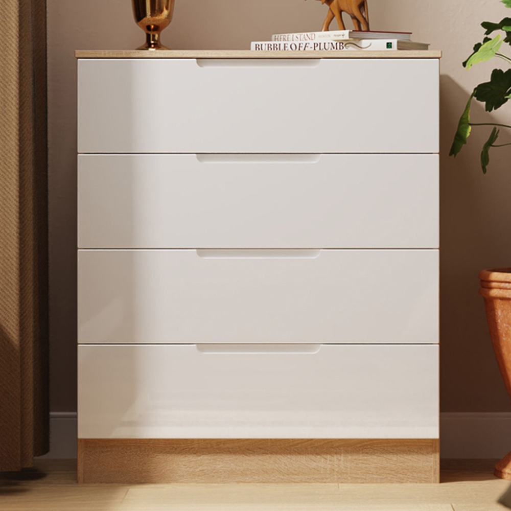 Crowndale Milan 4 Drawer White Gloss and Bardolino Oak Chest of Drawers Ready Assembled Image 1