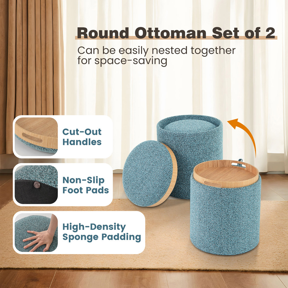 Costway Blue Upholstered Storage Round Ottoman with Reversible Tray Set of 2 Image 7