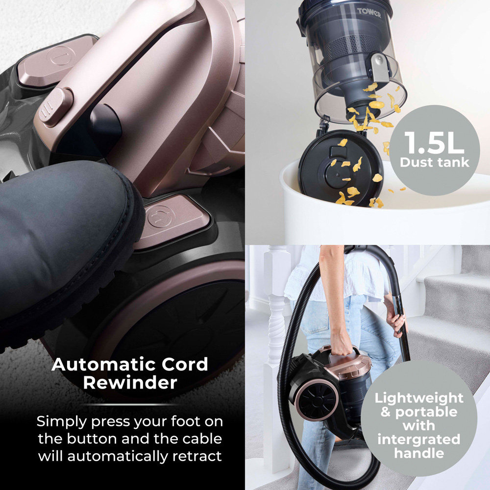 Tower RXP10 PET Rose Gold Multi Cyclonic Cylinder Vacuum Cleaner 800W Image 6