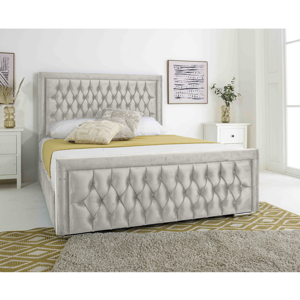Eleganza Paloma Small Double Silver Plush Velvet Bed Frame with Headboard and Footboard Image 2
