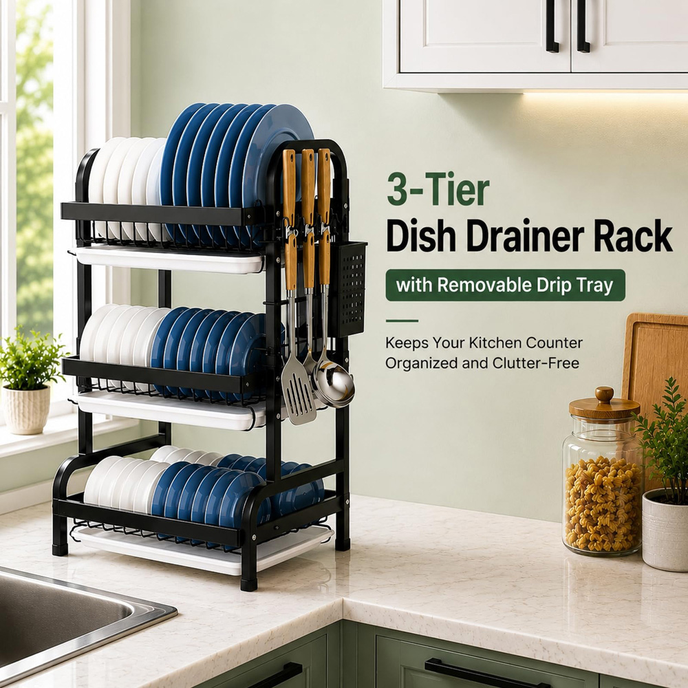 ATEK 3-Tier White Dish Drying Rack with Drip Tray Image 3