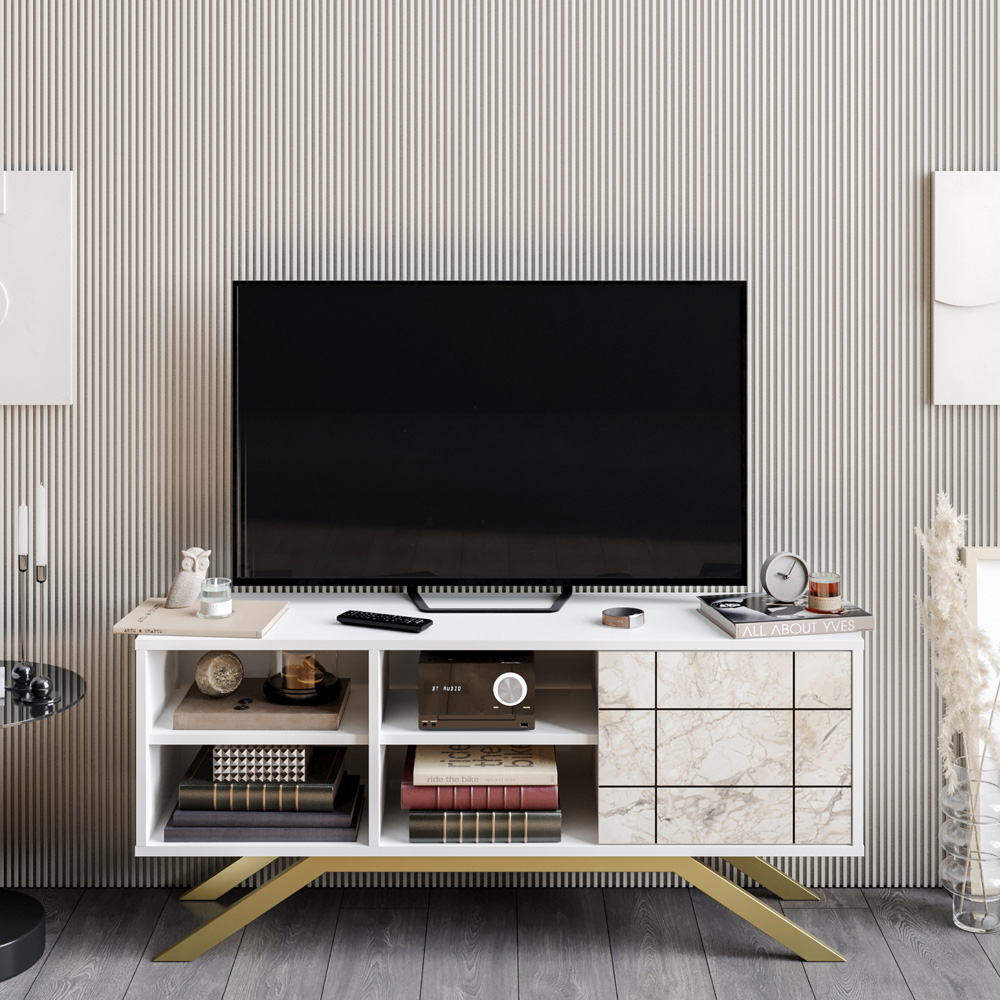 Decorotika North Single Door 4 Shelf White Marble and Gold TV Unit Image 4