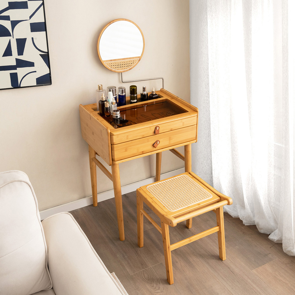 Costway Natural Rattan Top Bamboo Vanity Stool with Anti-slip Foot Pads Image 3