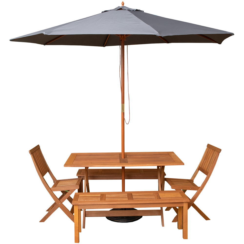 Samuel Alexander 6 Seater Wooden Rectangular Dining Bench Set with Grey Parasol and Base Image 2