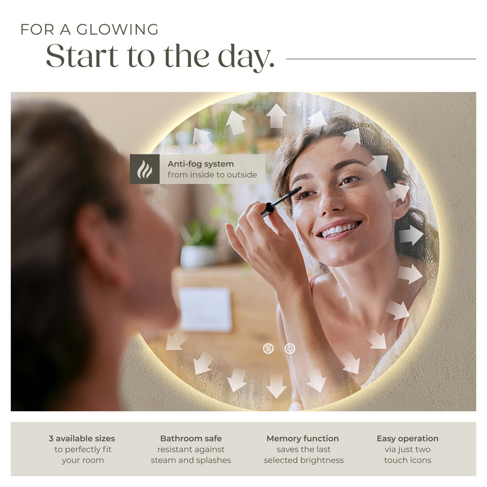tectake Aurora Multicolour Anti-Fog Frameless Round LED Bathroom Wall Mirror 60cm Image 3