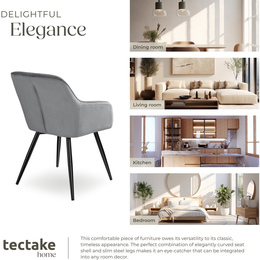 tectake Marilyn Grey and Black Velvet Padded Dining Chair Image 7