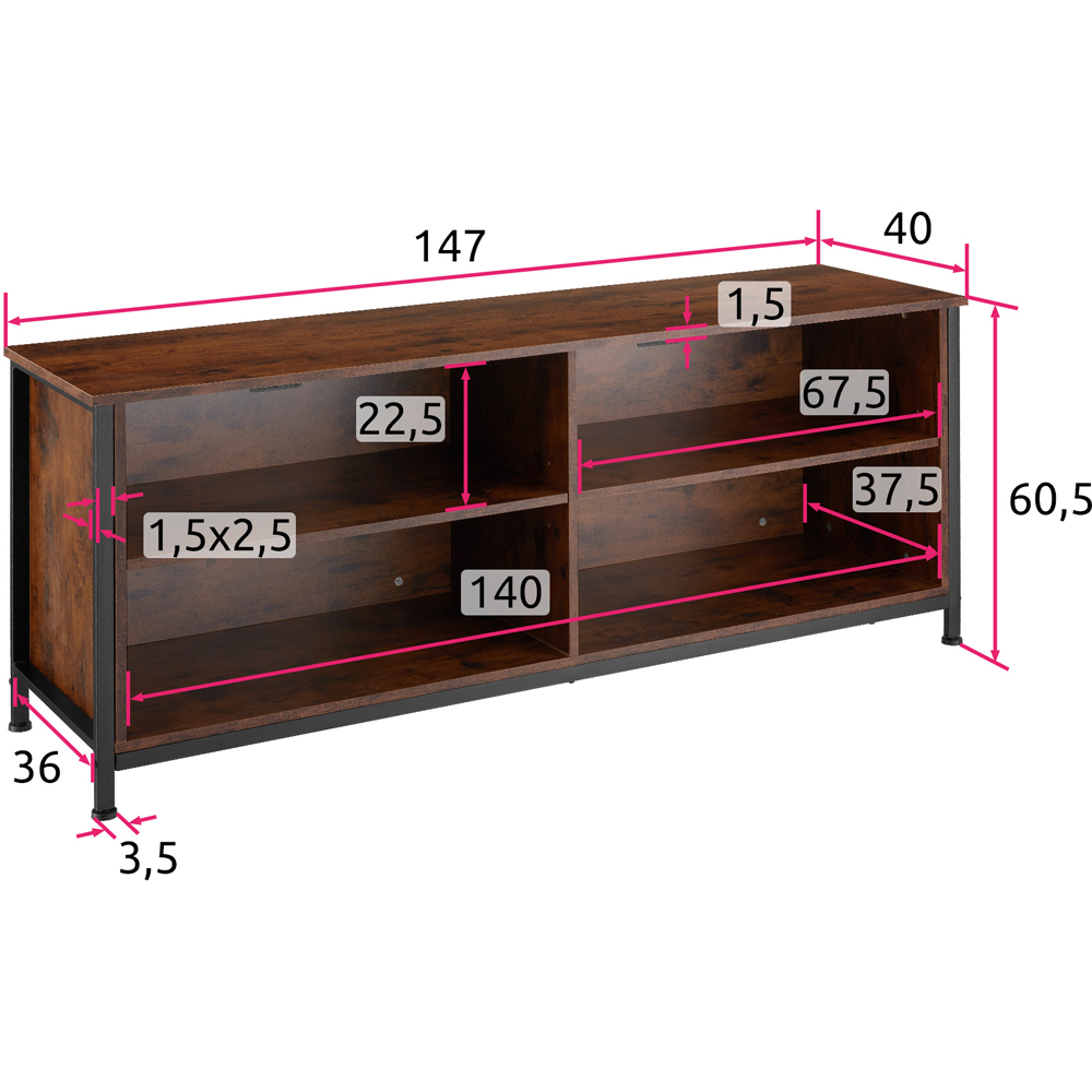 tectake Navan 4 Shelf Dark Rustic Wooden TV Unit with 4 Cable Cutouts Image 9