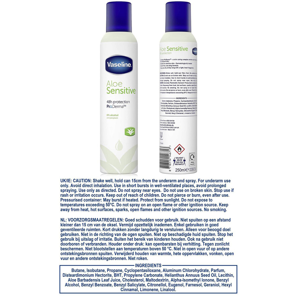 Vaseline Aloe Sensitive Women's Soothing Anti-Perspirant Women's Deodorant Spray 250ml 3 Pack Image 9