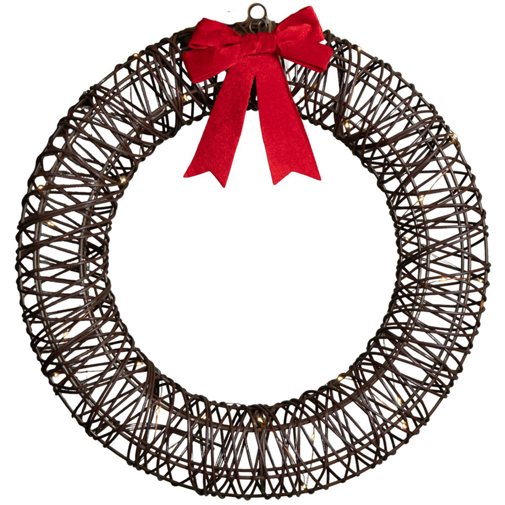 Samuel Alexander 40 Warm White LED Battery Operated Light Up Christmas Wreath with Red Bow 50cm Image 1