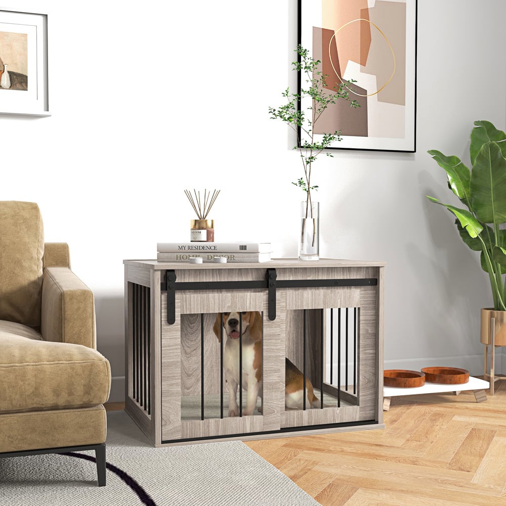 PawHut Brown Dog Crate End Table with Cushion 80cm Image 4