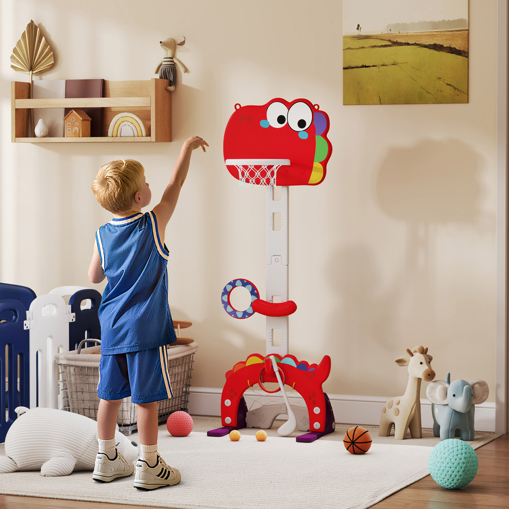 AIYAPLAY 5-in-1 Kids Red Height Adjustable Basketball Set Image 2