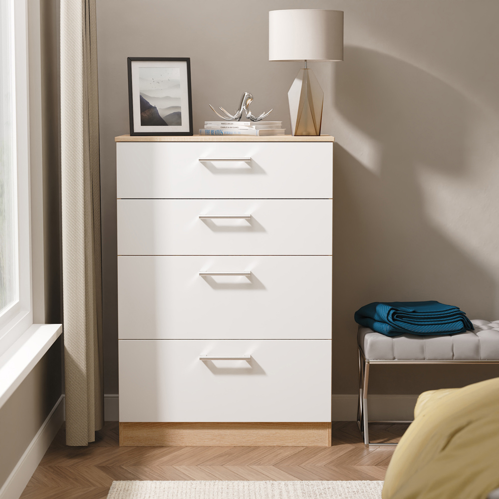 Crowndale Devon 4 Drawer White Matt and Bardolino Oak Deep Chest of Drawers Ready Assembled Image 7