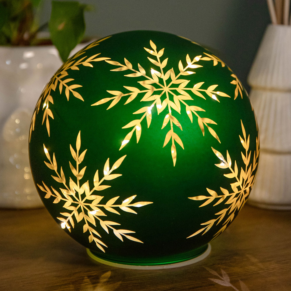 Samuel Alexander Warm White LED Green Snowflake Glass Ball Christmas Decoration 15cm Image 2