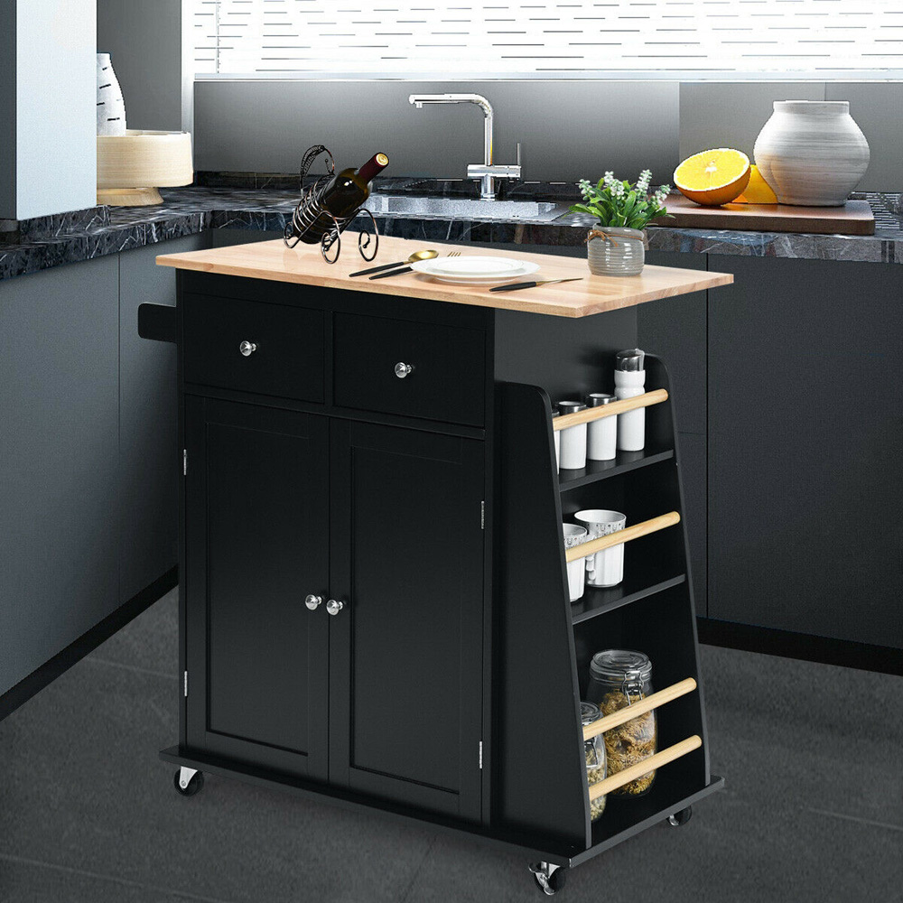 Costway Black Kitchen Island with Rubber Wood Countertop and Storage on Wheels Image 2